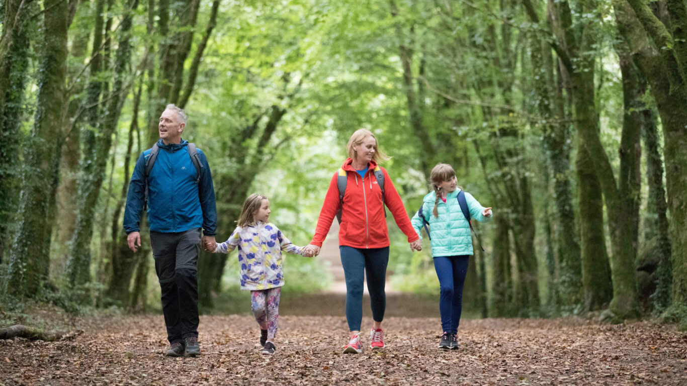 A family of four walks hand in hand along a leaf-covered path in a green, tree-lined forest in Lees Park.