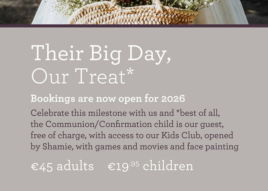 A person in a white dress holds a basket of flowers; below is a hotel promotion for free Communion/Confirmation child bookings in 2026, with prices for adults and children.