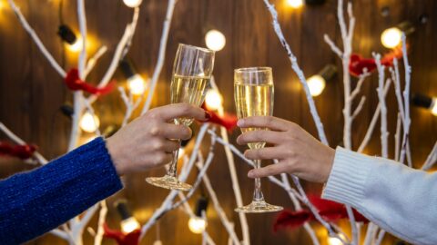 Two people clink champagne glasses in front of festive lights and white branches decorated with red ribbon.