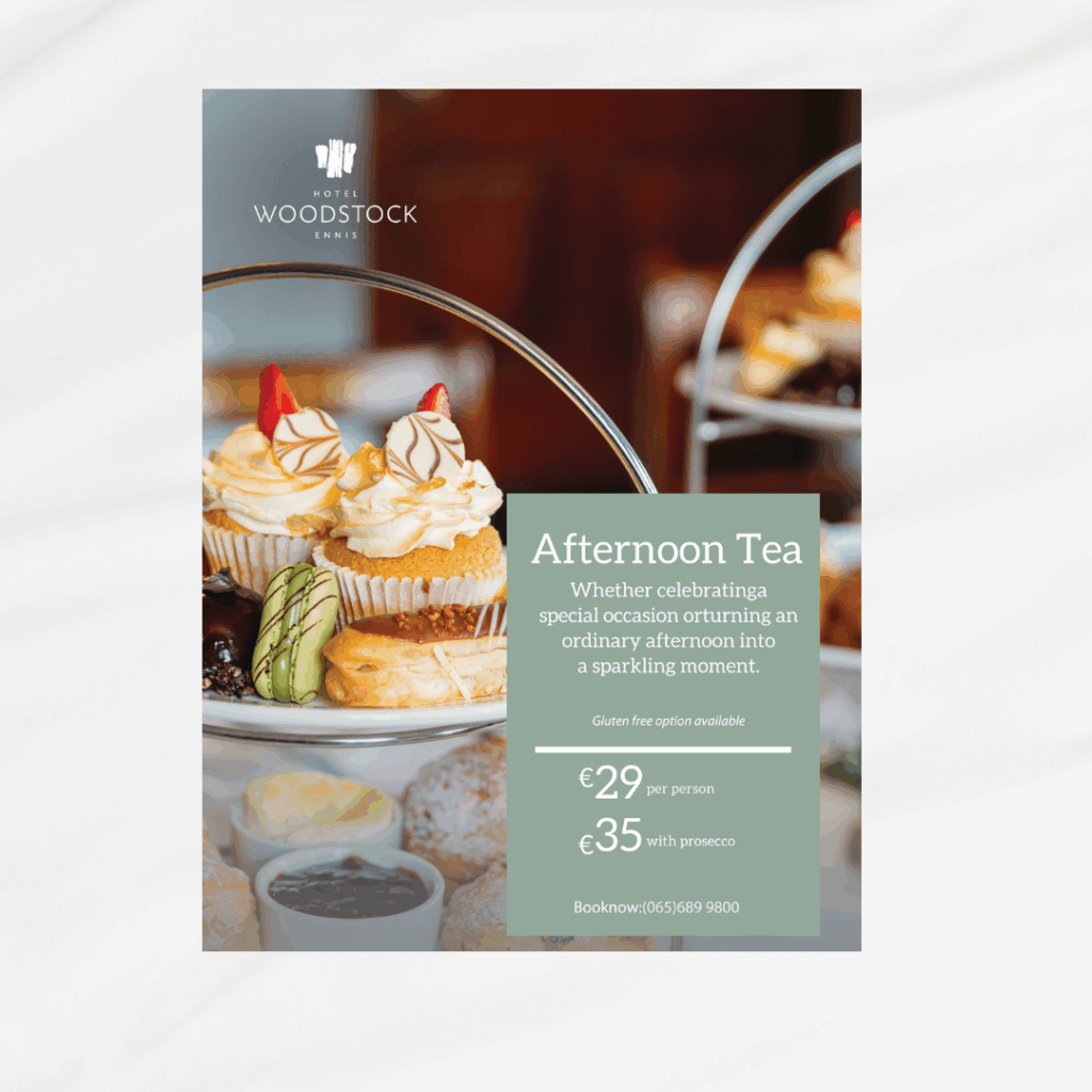 Flyer advertising afternoon tea at Hotel Woodstock, featuring a tiered tray with pastries and sweets, pricing details, and booking information.