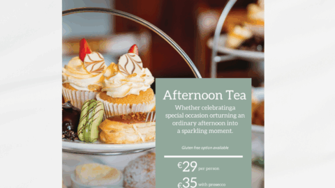 Flyer advertising afternoon tea at Hotel Woodstock, featuring a tiered tray with pastries and sweets, pricing details, and booking information.