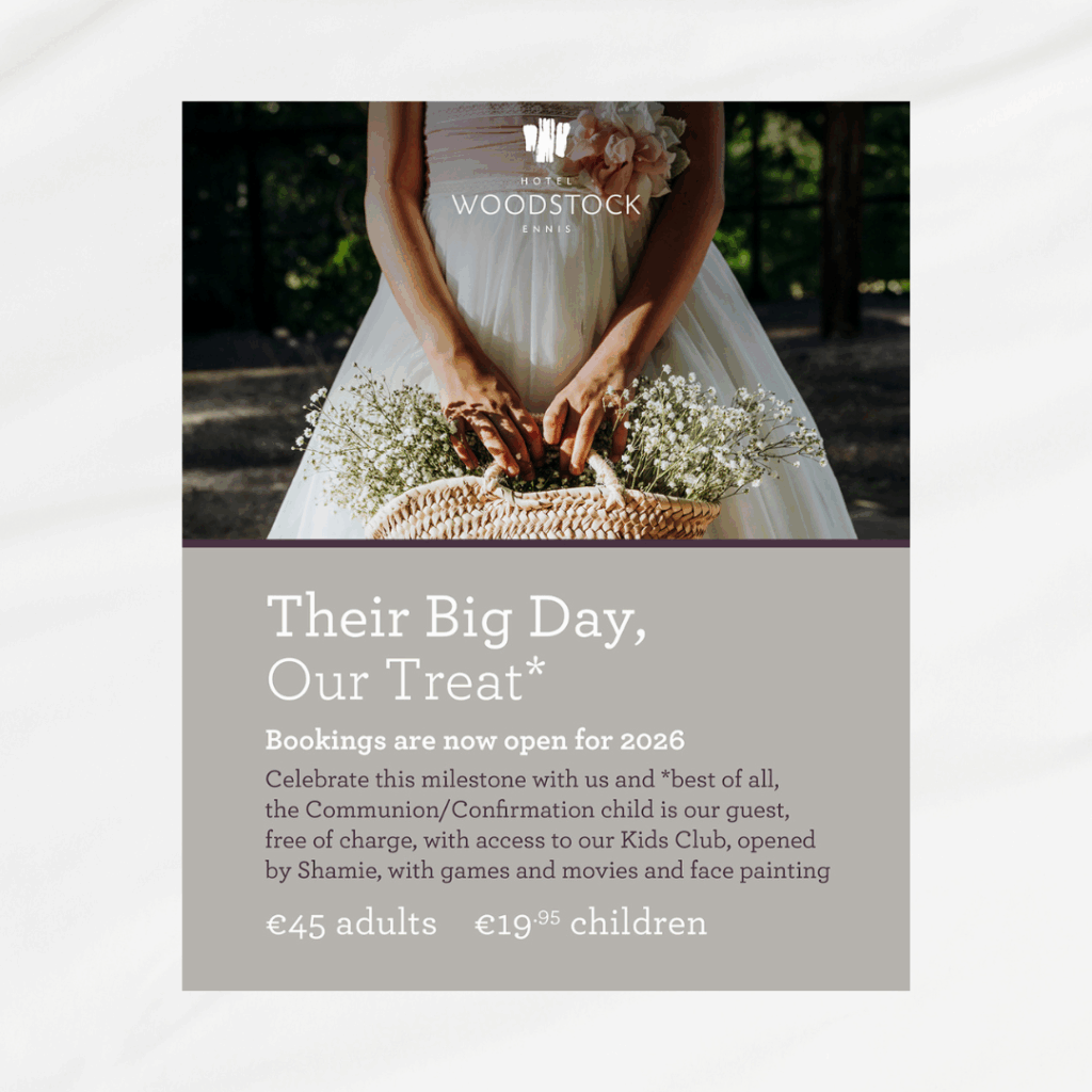 A person in a white dress holds a woven basket with flowers. Text below promotes event bookings for 2026, listing prices for adults and children.
