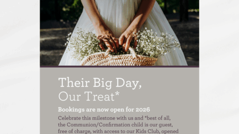 A person in a white dress holds a woven basket with flowers. Text below promotes event bookings for 2026, listing prices for adults and children.