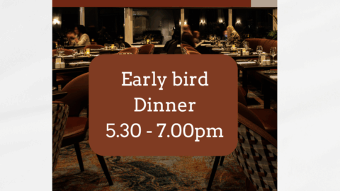 Promotional poster for Shanaway Bistro&rsquo;s early bird dinner, available from 5:30 to 7:00 pm; two-course dinner for &euro;32 per person, with a photo of a restaurant interior.