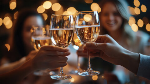 Three people are clinking glasses of sparkling wine at a festive gathering, with warm decorative lights in the background.
