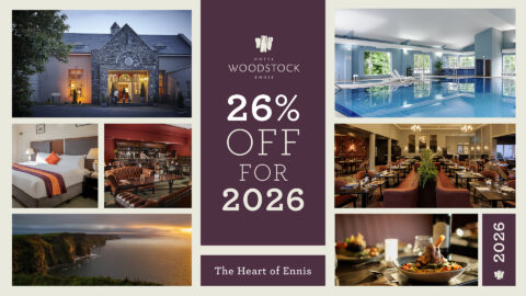 Collage featuring Hotel Woodstock with exterior, pool, bedroom, lounge, restaurant, food, Cliffs of Moher, and text: