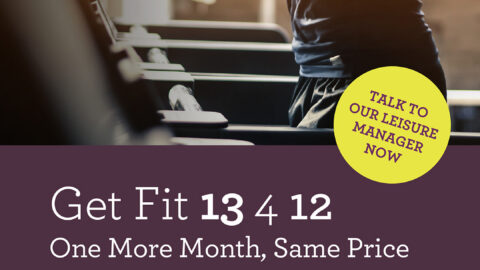 A person running on a treadmill with promotional text offering 13 months of leisure access for the price of 12 at Hotel Woodstock Leisure.