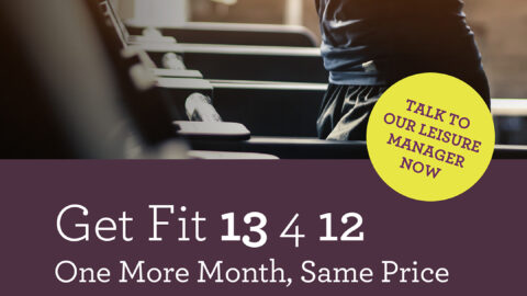 A person running on a treadmill with promotional text offering 13 months of leisure access for the price of 12 at Hotel Woodstock Leisure.