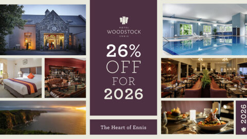 Promotional image for Hotel Woodstock Ennis featuring interior and exterior photos, a swimming pool, dining, and 26% off offer for 2026. Text reads: 