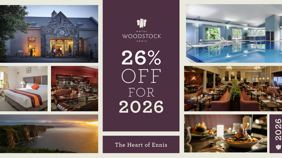 Promotional image for Hotel Woodstock Ennis featuring interior and exterior photos, a swimming pool, dining, and 26% off offer for 2026. Text reads: 