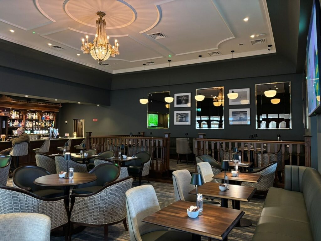 Stylish Hotel Bar Lounge Elegant hotel bar lounge with plush seating, ambient lighting, and a well-stocked bar, perfect for relaxation and socialising.