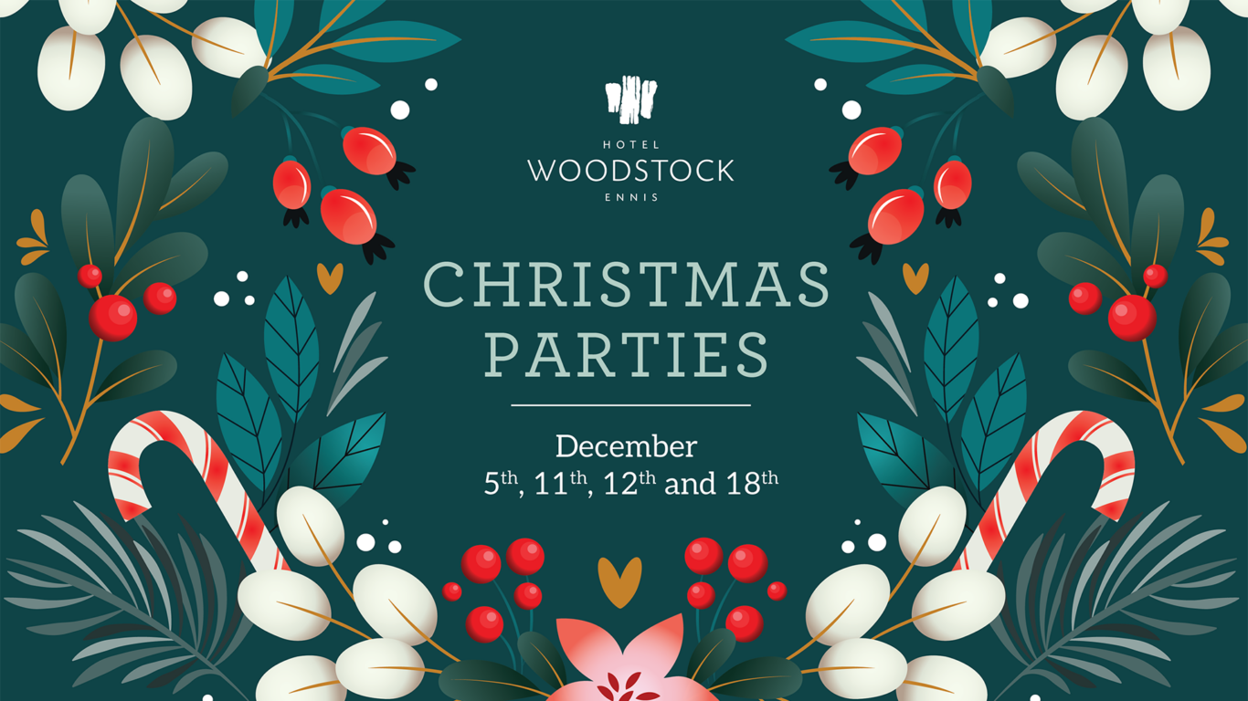 Festive hotel Christmas party invitation with vibrant foliage and candy canes, Hotel Woodstock Ennis.