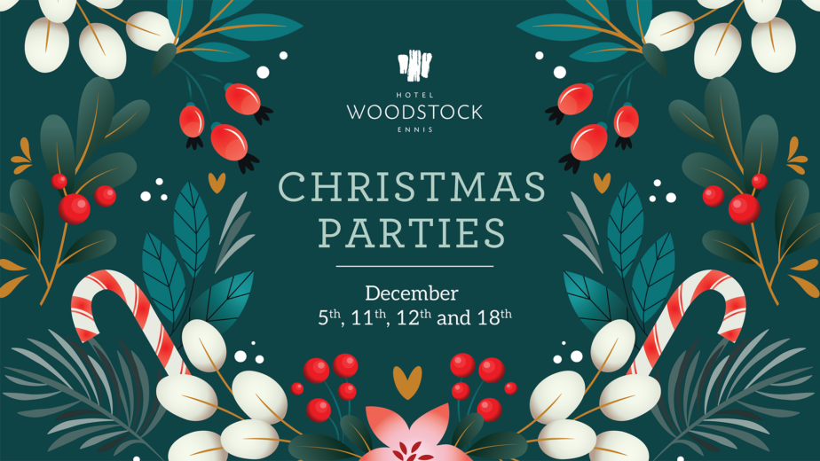 Festive hotel Christmas party invitation with vibrant foliage and candy canes, Hotel Woodstock Ennis.