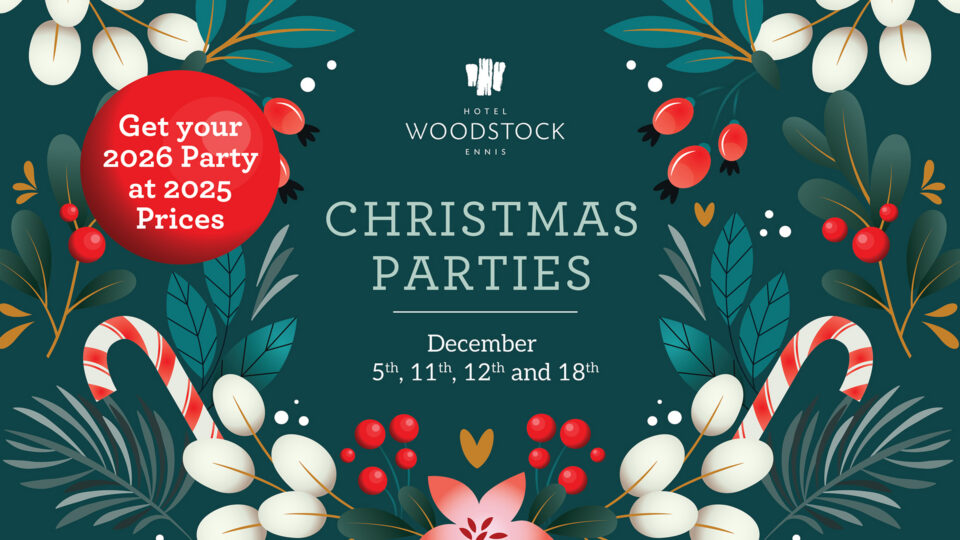 Festive Christmas party poster for Hotel Woodstock with holly, candy canes, and discount details for 2026 bookings.