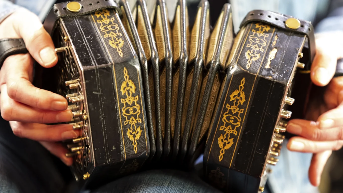 Hands playing a vintage accordion with intricate gold detailing, offering a cosy musical ambience at the hotel lounge.