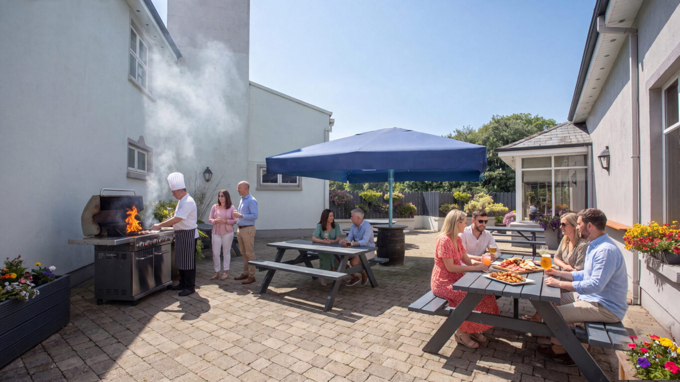 Sunny hotel courtyard with guests dining at picnic benches, chef grilling at barbecue under blue parasol, outdoor seating and drinks